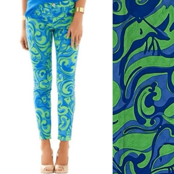 Lilly Pulitzer Kelly Blue and Green Swirl “I’m no Angel” Pants, size 6 - Picture 1 of 7